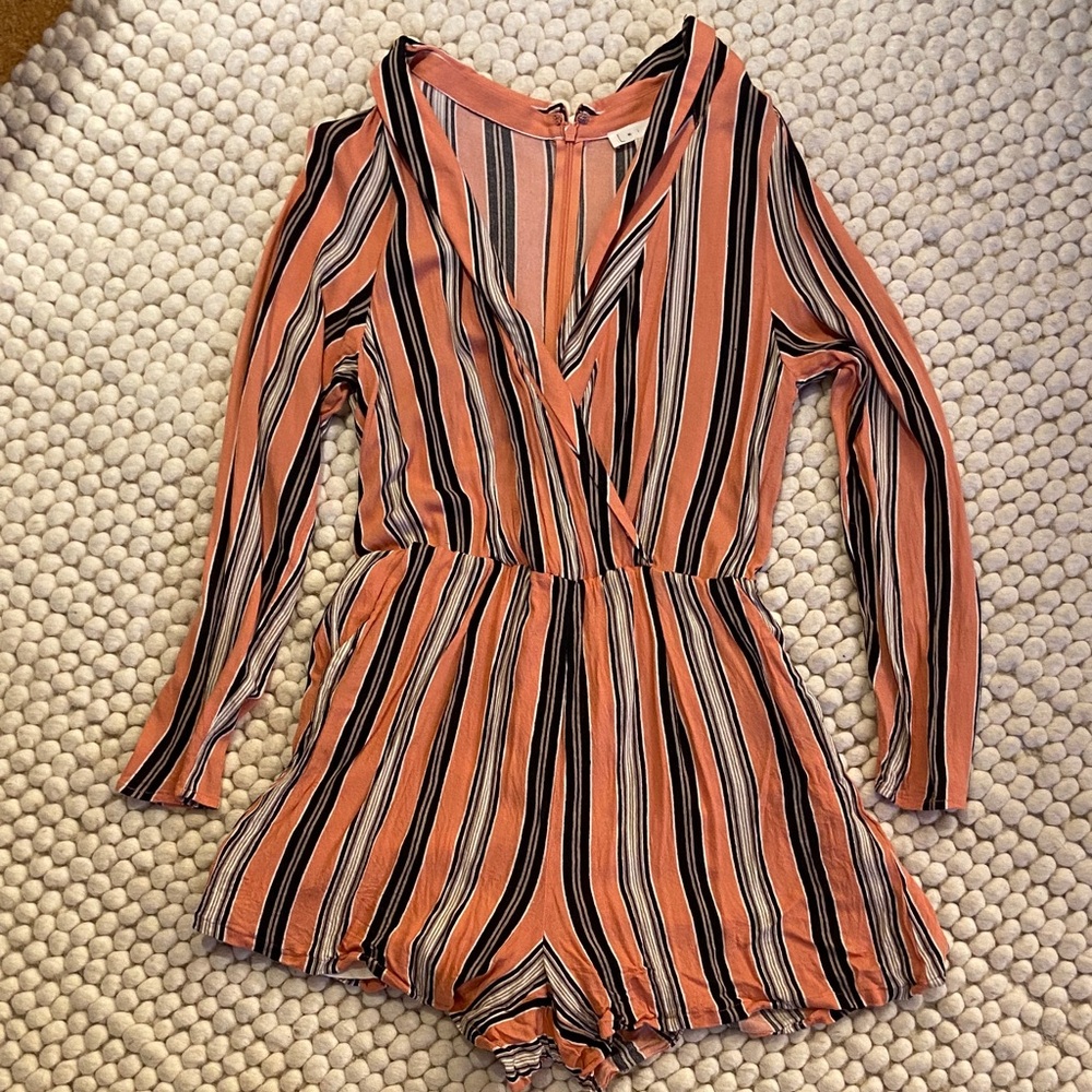 Leith Striped Coral, brown, white and Black women’s long sleeve romper size XS